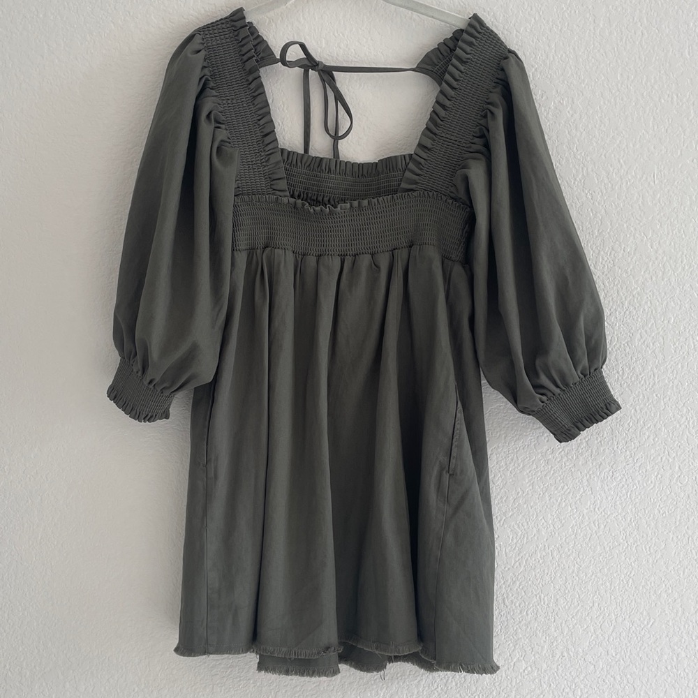 Free People Olive Green Smocked Mini This is Everything Dress size SP - Picture 9 of 9
